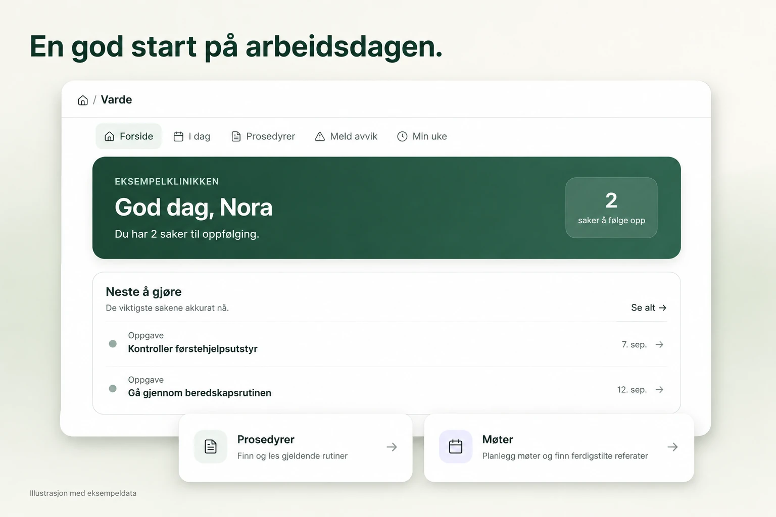 Vardes forside med en vennlig velkomst, dagens oppgaver og snarveier til prosedyrer og møter.