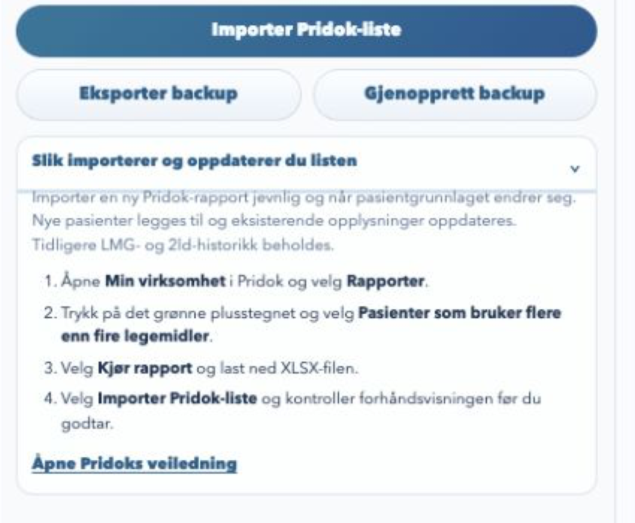 Legemiddelgjennomgang-utvidelsen med knappen Importer Pridok-liste og valg for sikkerhetskopi.